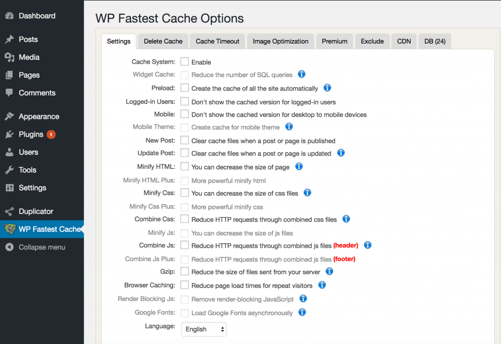 WP Fastest Cache on Dashboard