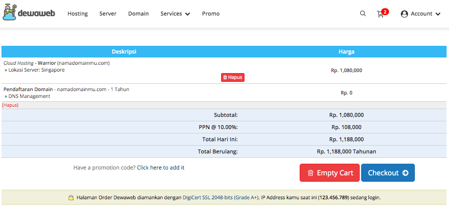halaman order cara membeli hosting dewaweb