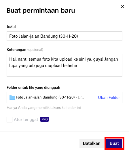 Cara menggunakan dropbox buat permintaan baru