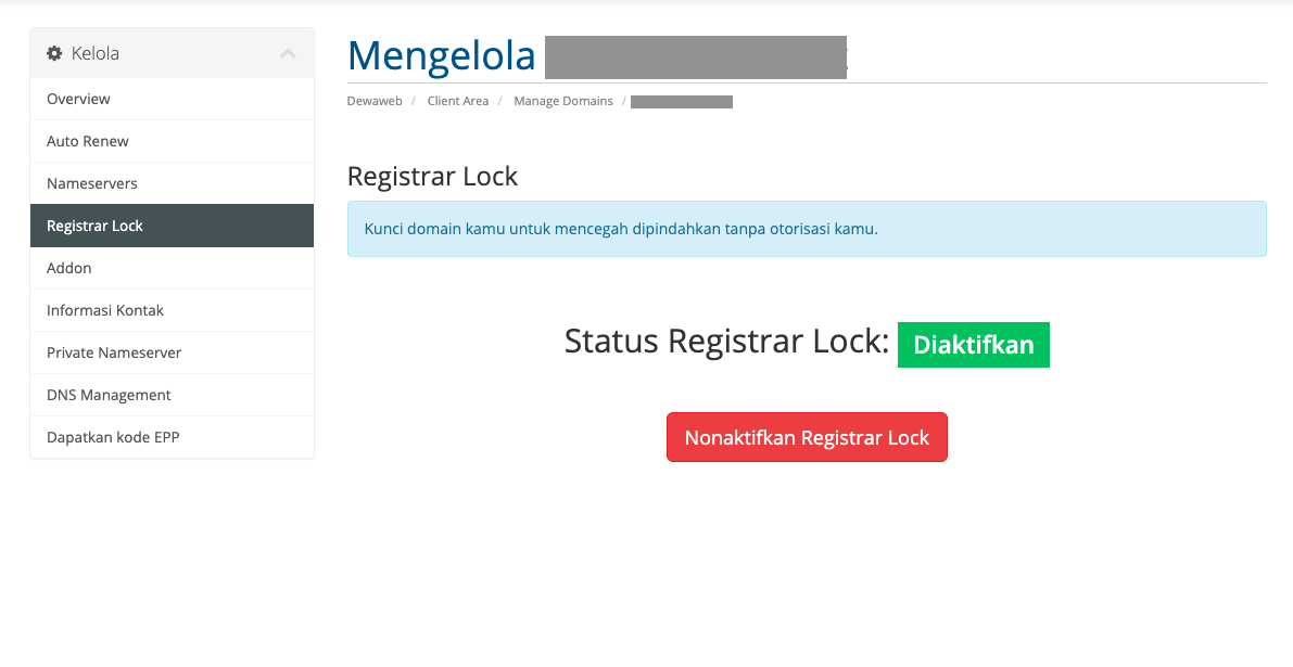 mengelola domain di dewaweb registrar lock
