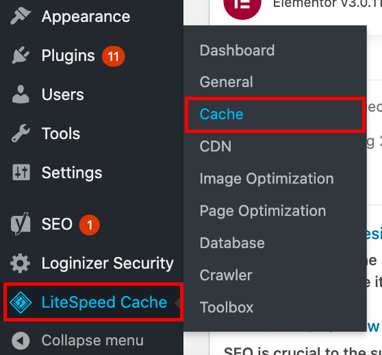 cache settings di menu bar