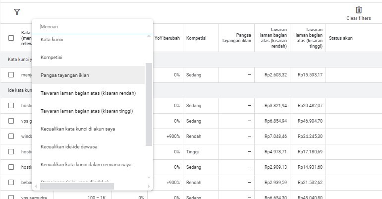 cara menggunakan google keyword planner - filter dan urutkan kata kunci