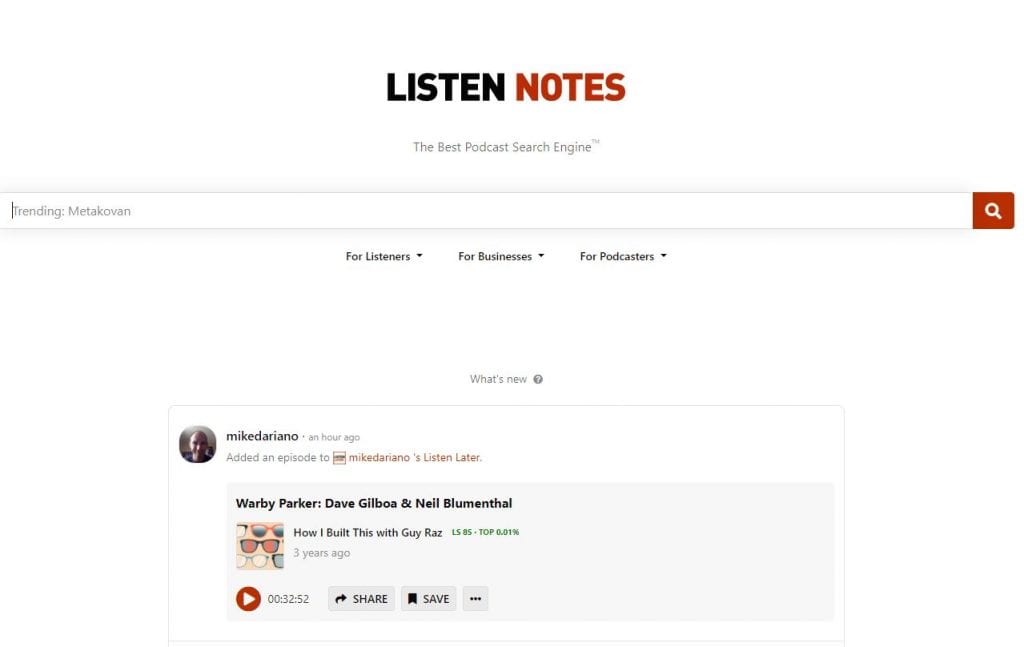 mesin pencari podcast listen notes