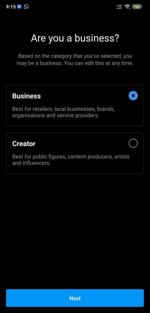 akun bisnis atau kreator instagram