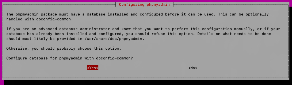 configure database for phpmyadmin with dbconfig-common yes