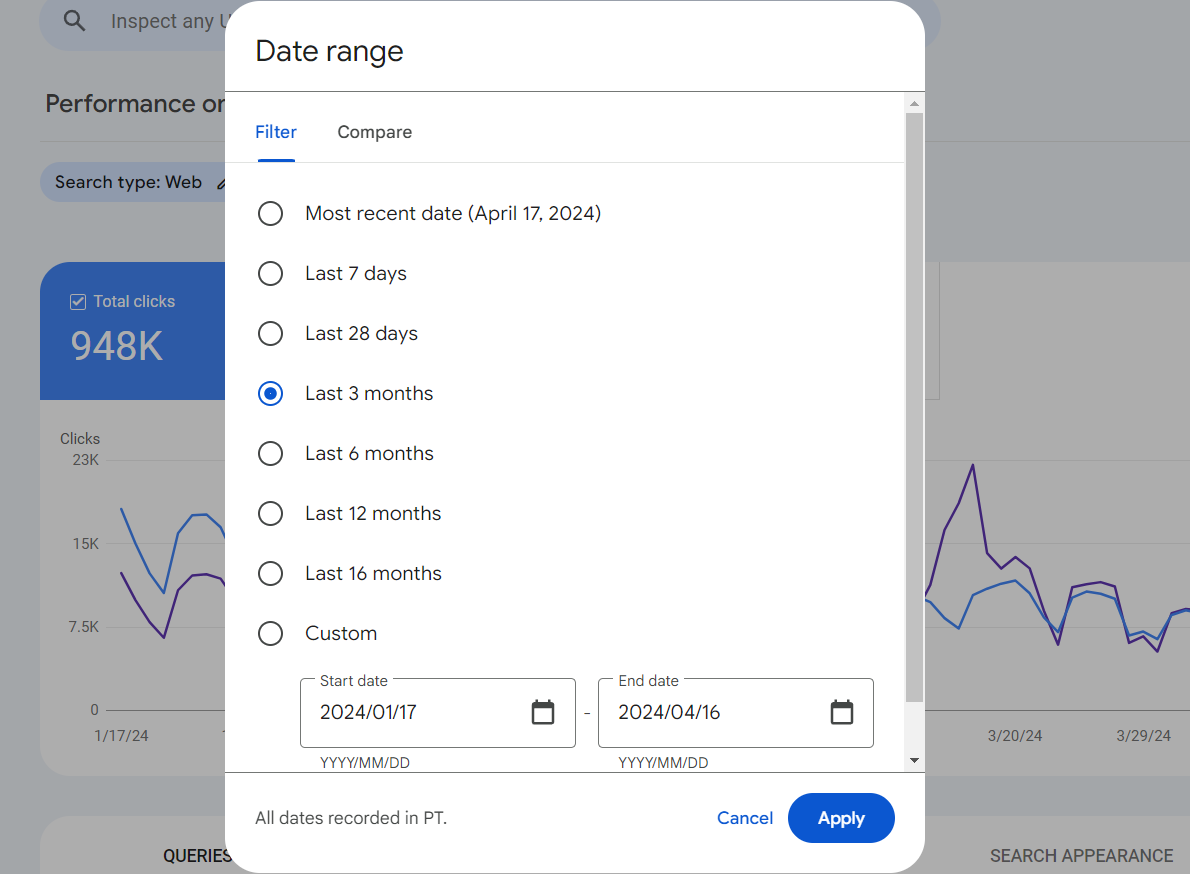 mengkustom date range google search console