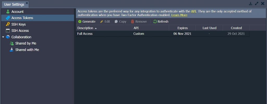 user setting access tokens