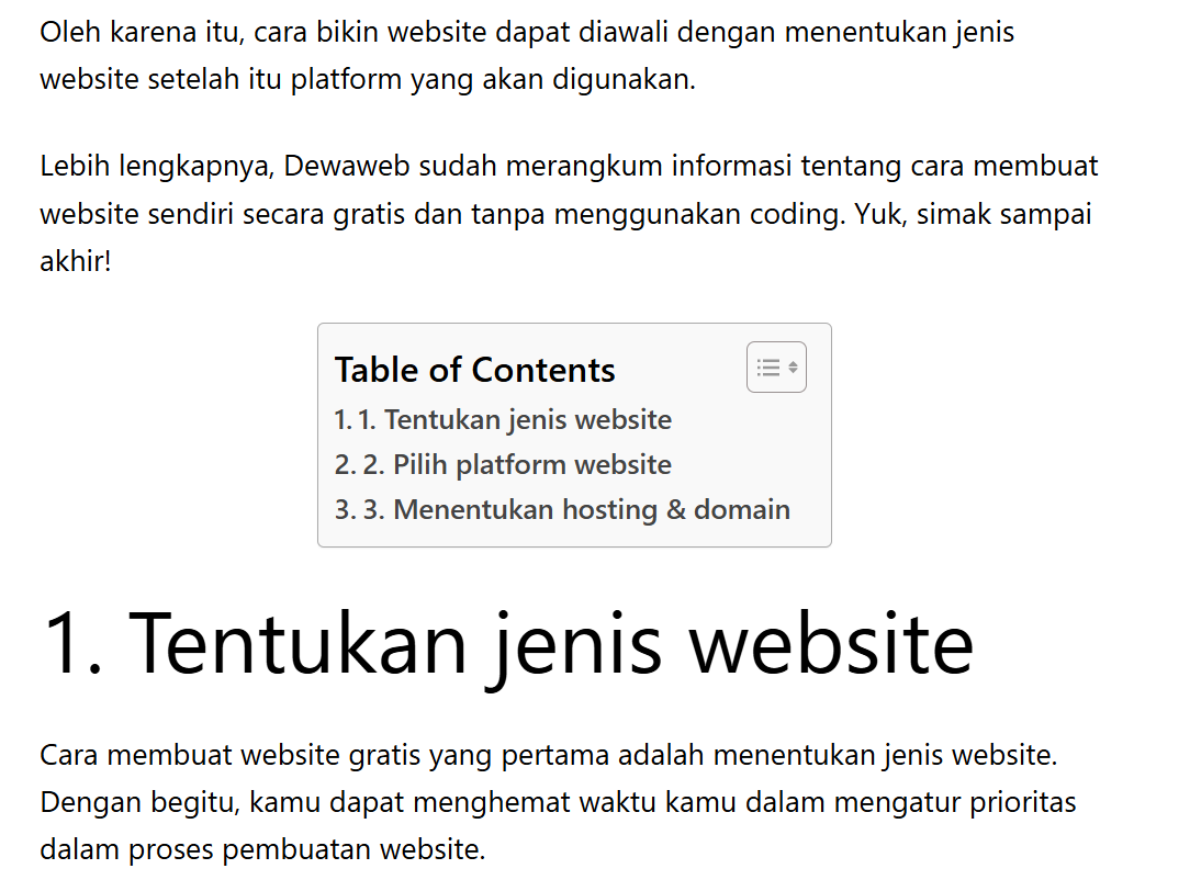 daftar isi website berhasil dibuat