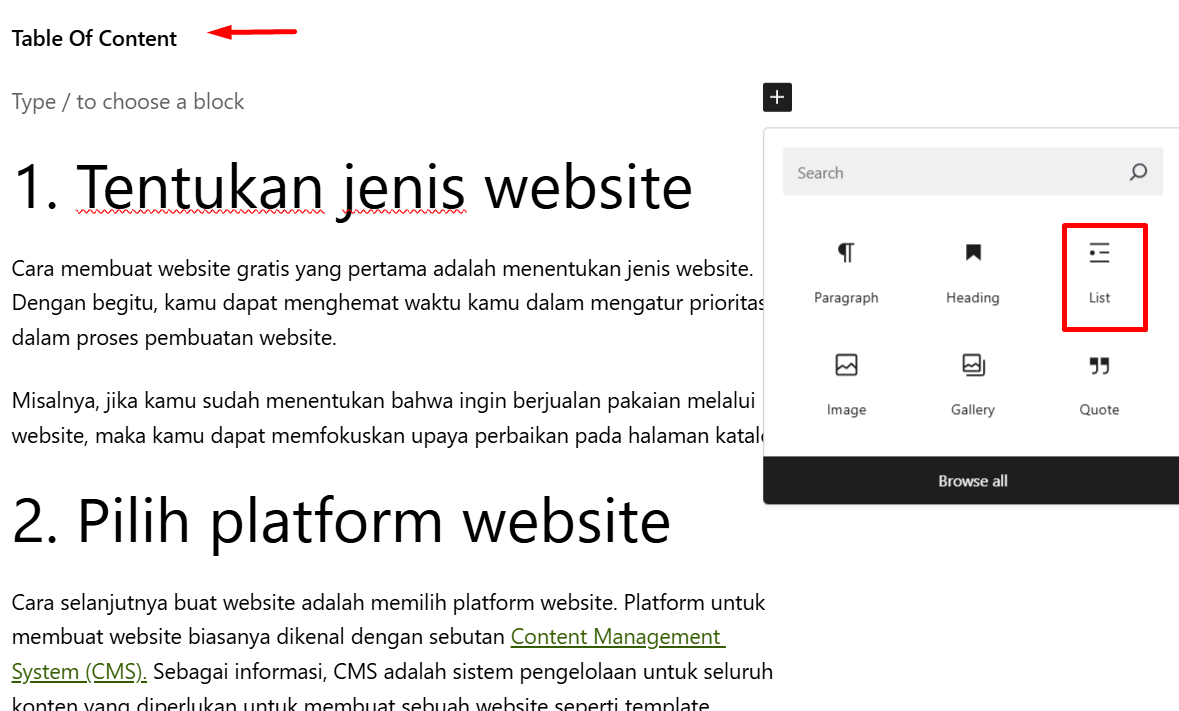 membuat daftar isi wordpress secara manual