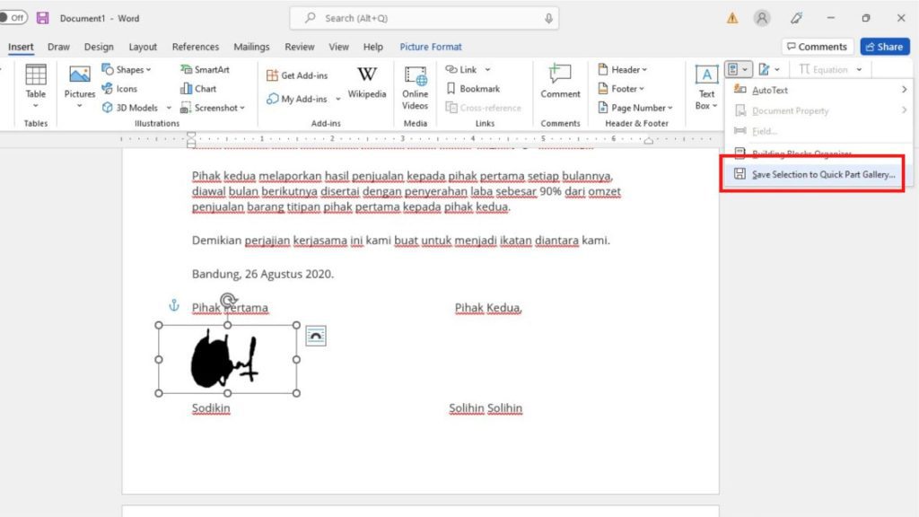 klik save to selection to quick parts
