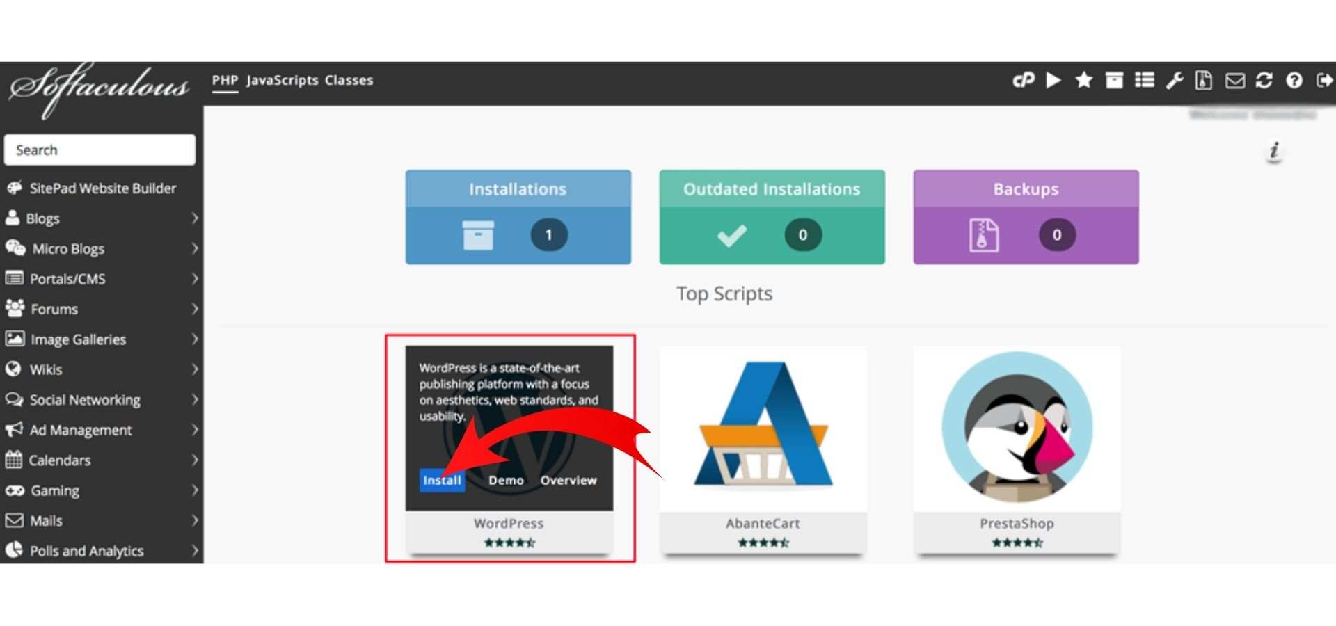 cari aplikasi wordpress dan install