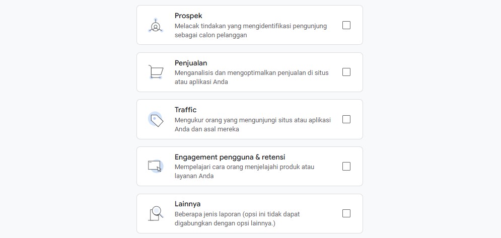 cara menggunakan google analytics - pilih tujuan penggunaan 