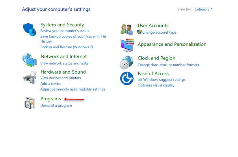 klik program via control panel