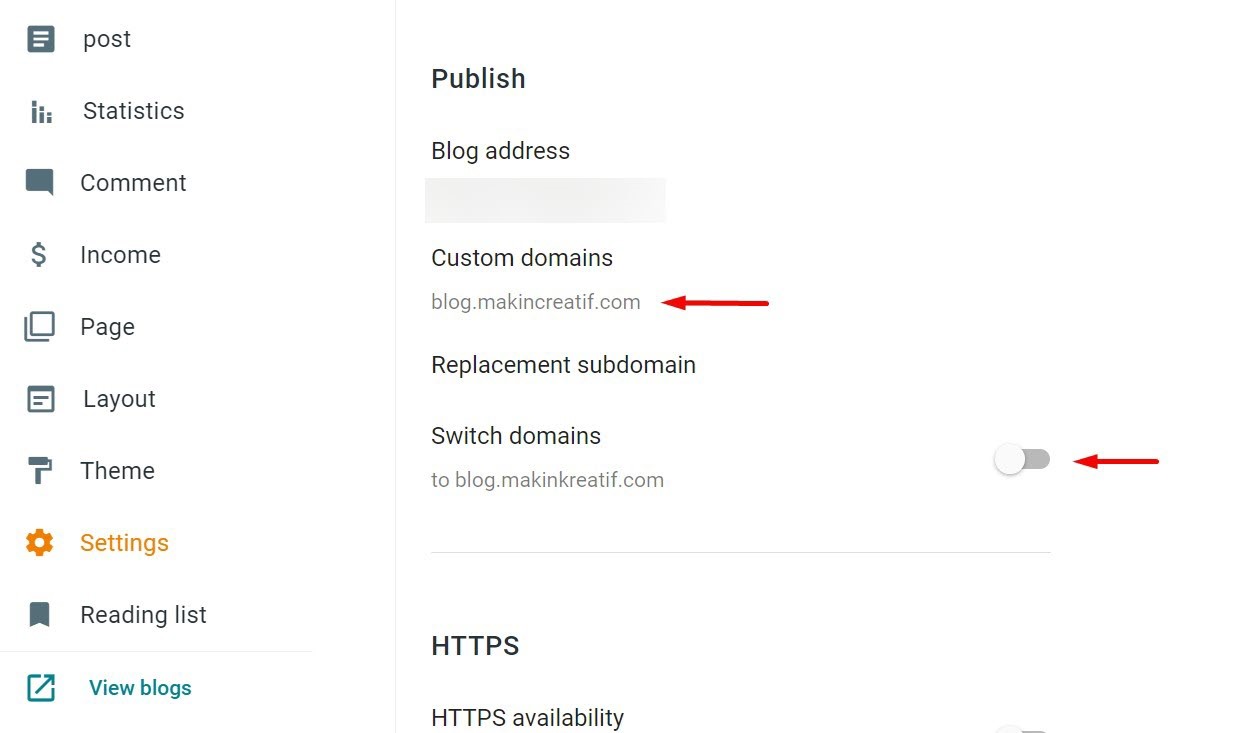 cara membuat subdomain di blogger - aktifkan switch domains